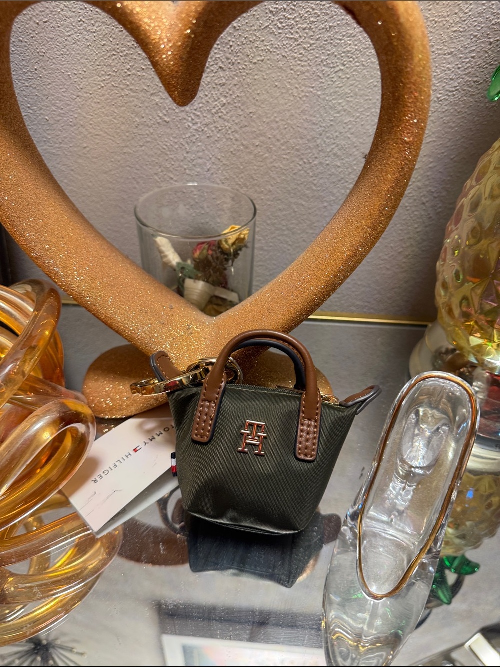 New w/ tags. Tommy Hilfiger Olive Green Mini Tote Keychain with Brown Trim